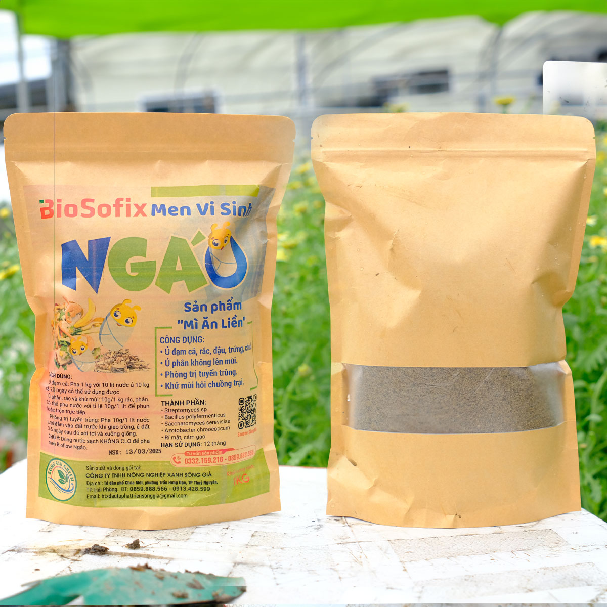Túi men vi sinh Ngáo BioSofix mặt trước và mặt sau, đóng gói zip tiện lợi, sử dụng trực tiếp để ủ rác hữu cơ không mùi