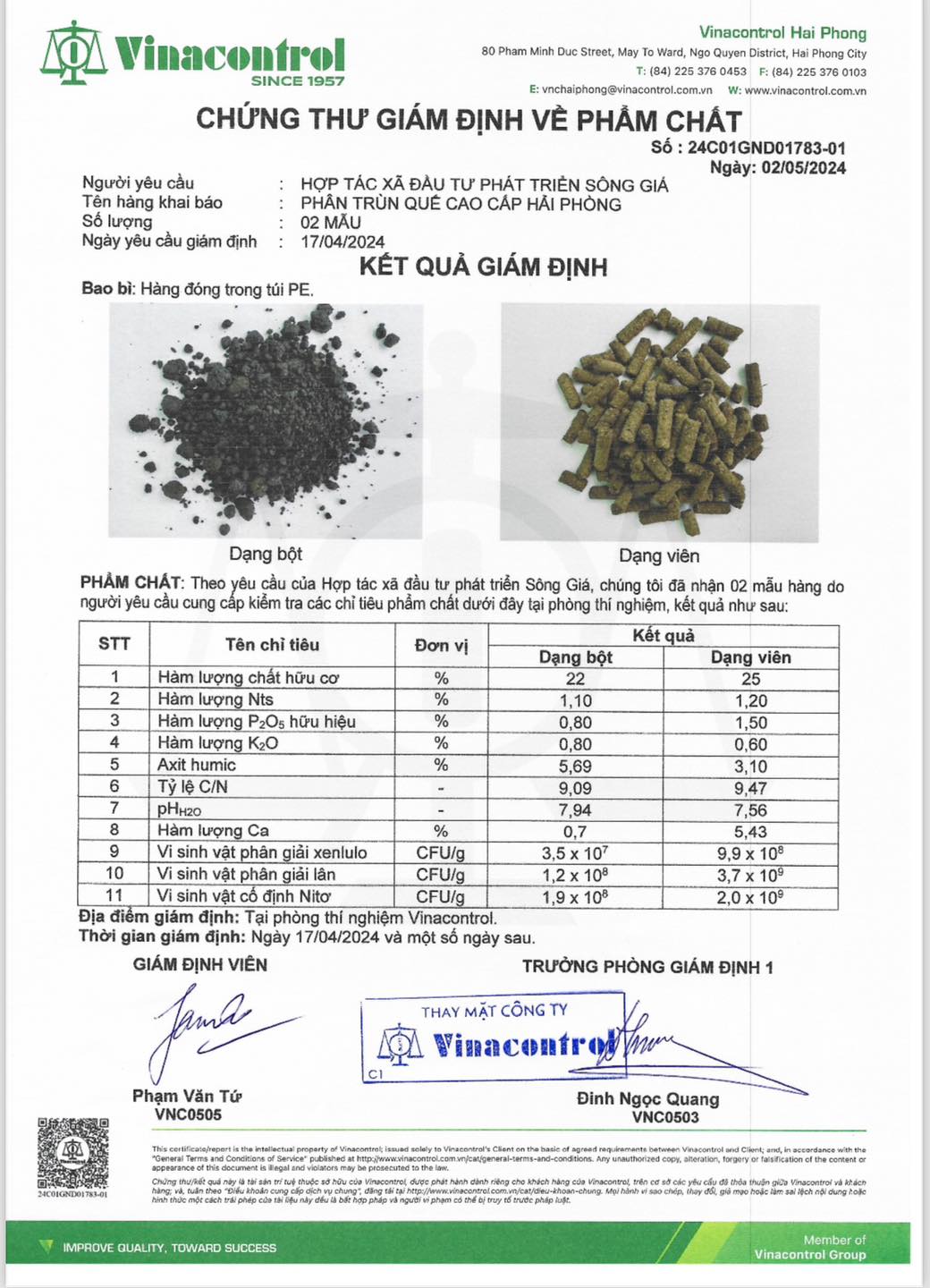 Chứng thư giám định Vinacontrol xác nhận thành phần phân trùn quế TS99 đạt chuẩn: hữu cơ 25%, vi sinh vật cao, pH 7.56 – từ Trang trại Sông Giá