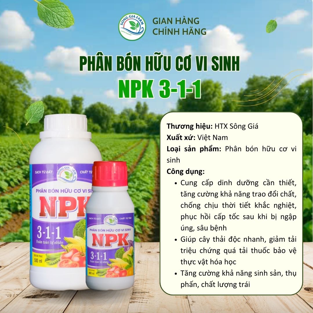 Phân bón hữu cơ vi sinh NPK 3-1-1 Sông Giá – cung cấp dinh dưỡng, tăng khả năng trao đổi chất và phục hồi cây trồng sau ngập úng, sâu bệnh.