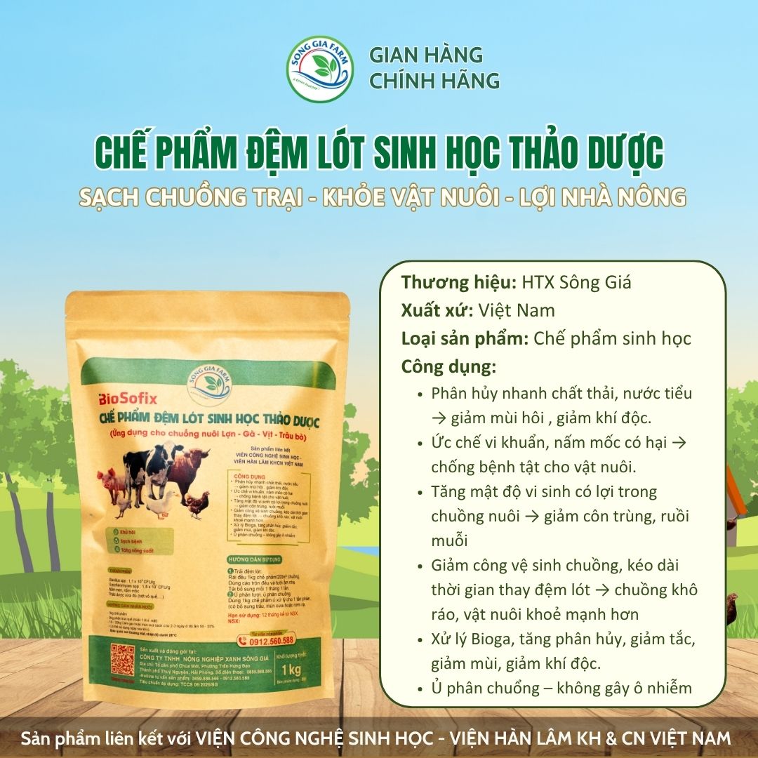 Công dụng chế phẩm đệm lót sinh học thảo dược BioSofix – Giảm mùi hôi, tiêu diệt mầm bệnh, tăng lợi khuẩn và bảo vệ môi trường chăn nuôi.